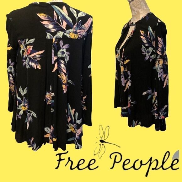 Free People Black Tropical Floral Tunic Top - Picture 3 of 8
